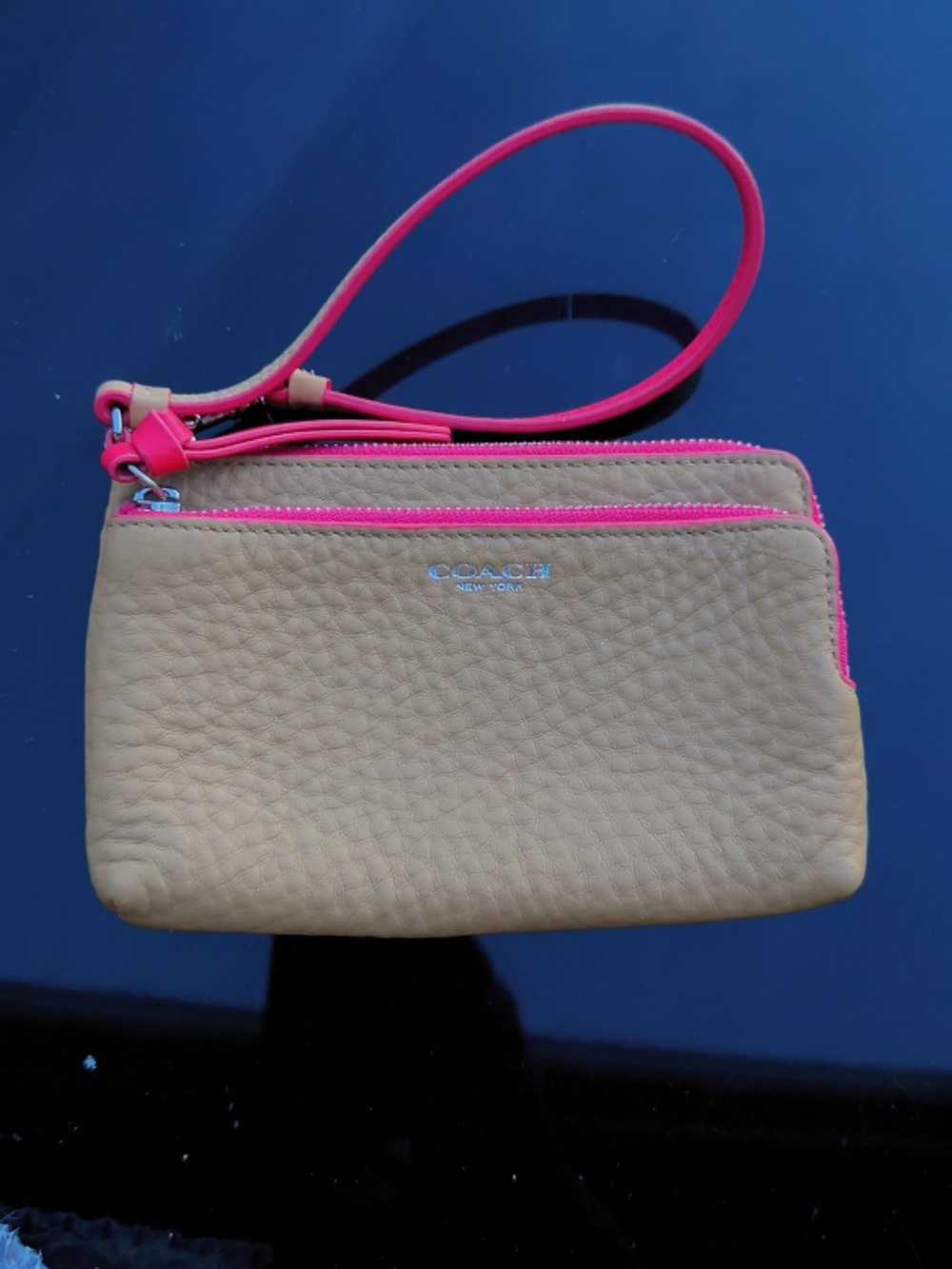 Coach Tan Pebbled Leather Wristlet with Pink Trim